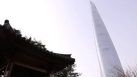 Lotte world tower, modern and old Korean architecture Stock Footage 96330122