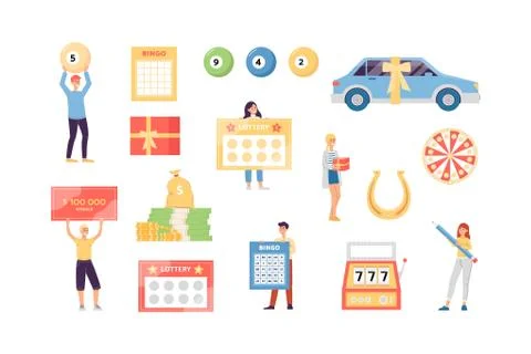 Lottery game elements set - prize money, winning tickets and winners 스톡 일러스트