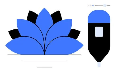 Lotus flower with blue petals and black accents next to a black and blue drop Stock Illustration