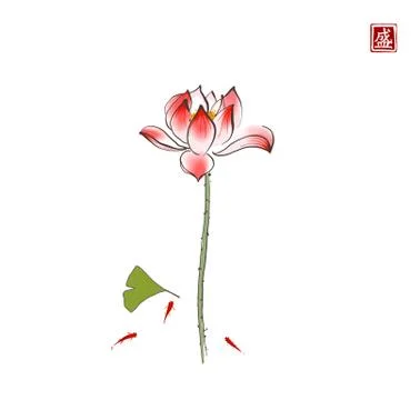 Lotus flower, gingko leaf and three little red fishes on white background イラスト素材