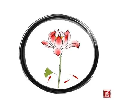 Lotus flower, gingko leaf and three little red fishes in enso zen circle on イラスト素材