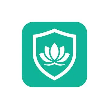 Lotus flower inside a protective shield icon on a green square background f.. Stock Illustration