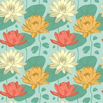 Lotus flowers in seamless pattern Stock Illustration