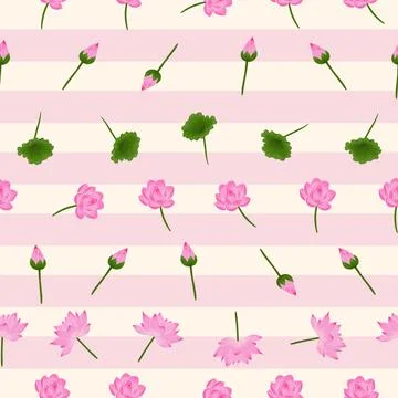 Lotus flowers seamless pattern on striped background Stock Illustration
