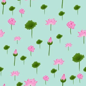 Lotus illustration seamless vector pattern design on light green background Stock Illustration