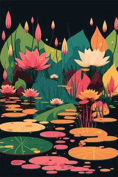 Lotus lily water flower and leaf on lake or pond nature background wallpaper Stock Illustration