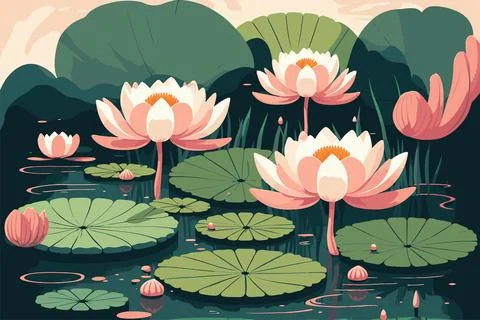 Lotus lily water flower and leaf on lake or pond nature background wallpaper Stock Illustration