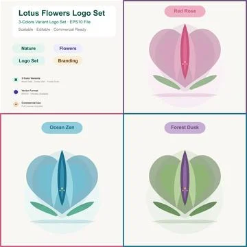 Lotus Logo 3 Variations Vector Spiritual Wellness Flower Brand Stock Illustration