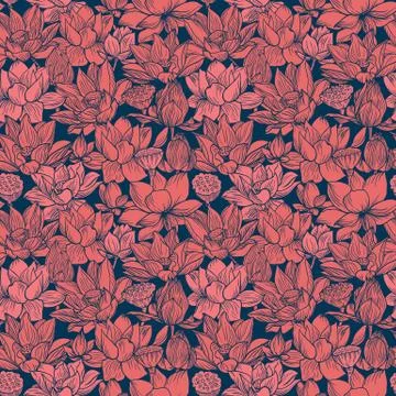 Lotus pattern, line red floral ornament. Seamless background. Hand drawn Illustrazione stock