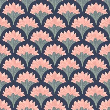 Lotus pink seamless vector pattern. Water lily and leaves on dark background. Stock Illustration