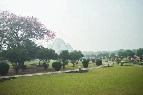 Lotus Temple landscape with trees and people Stock Photos