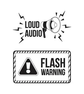 Loud audio and flash warning black and white label signs set Stock Illustration