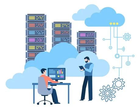 Loud data server support, online database storage technology concept Ilustración de archivo