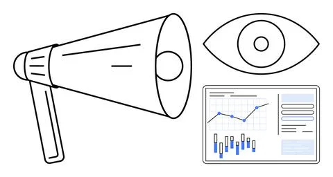 Loudspeaker amplifying message, eye symbol for observation, data screen with  Illustrazione stock