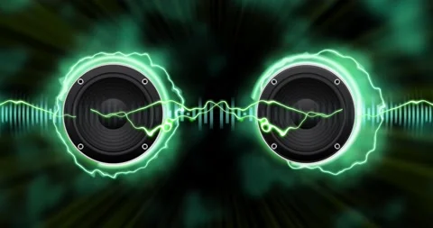 Loudspeaker and equalizer on black-green background.Loop. Stock Footage 170982375