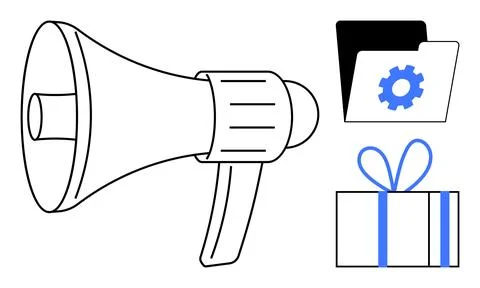 Loudspeaker, black folder with blue gear icon, and gift box with blue ribbon. Ilustração Stock