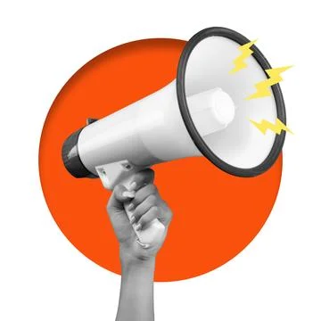 Loudspeaker held in hand with orange circle in background Stock Photos