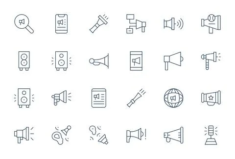 Loudspeaker Premium Vector Bundle with 24 Retina Ready Grid Fitted Thin Lin.. Stock Illustration