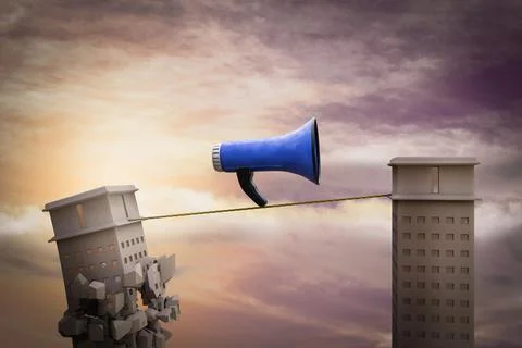 Loudspeaker on a rope with one skyscraper ready to collapse. Refer a friend c Stock Illustration