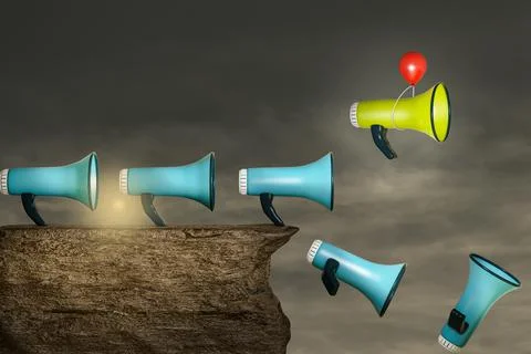 Loudspeakers on cliff with a red balloon help to escape one yellow loudspeake Stock Illustration
