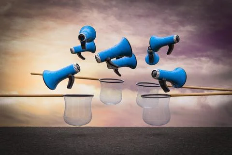 Loudspeakers falling from sky and the nets try to catch them at sunset magent Stock Illustration