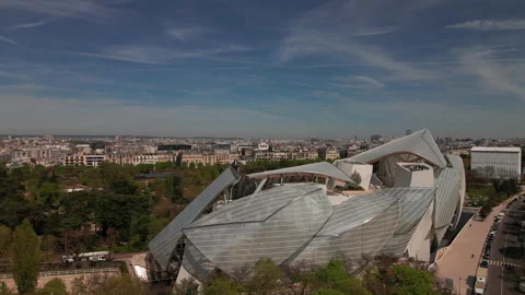 Louis Vuitton Foundation with cityscape in background, Paris in France. Stock Footage 219016137