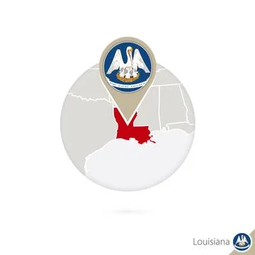 Louisiana US State map and flag in circle. Map of Louisiana, Louisiana flag.. Stock Illustration