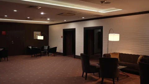 Lounge area top view. Cafe in modern hotel lobby, top view. 3d visualization Vidéo 262559599