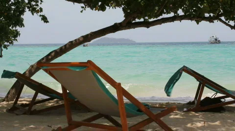 Lounge Chairs on the Beach of Koh Phi Phi Stock Footage 664345