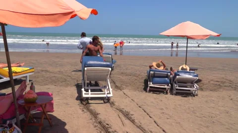 Lounge Chairs Moved on Beach Stock Footage 49404025