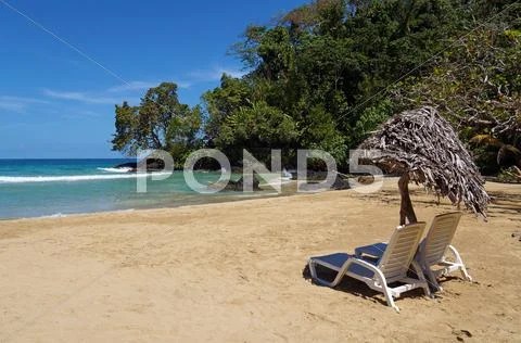 Lounge Chairs With Parasol On Tropical Beach
