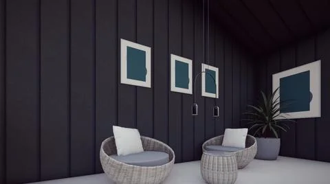 Lounge terrace with blank frames and concrete floor 3d illustration Stock Illustration