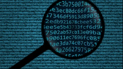 Loupe discovers word code on computer screen Stock Footage 91104844