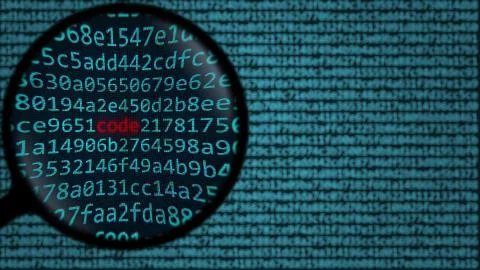 Loupe discovers word code on computer screen. 3D rendering Stock Illustration