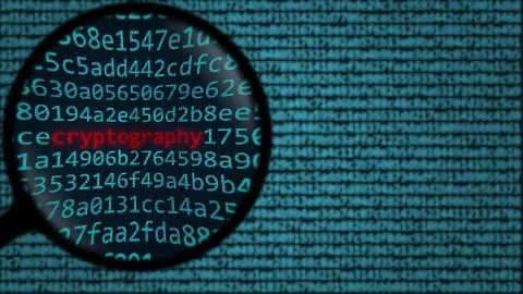 Loupe discovers word cryptography on computer screen. 3D rendering 스톡 일러스트