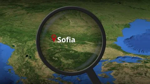 Loupe finds Sofia city on the map, 3d rendering Illustrazione stock