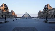 Louvre Museum Outside Court Slow Dolly-In Wide Shot With Two People In The Stock Footage