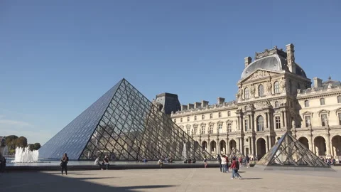 Louvre Pyramid and Museum in Paris, side view Stock Footage 263989757