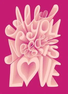 Love 3d text effect. Valentine card template. Volumetric lettering 스톡 일러스트