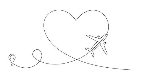 Love airplane route in one Continuous line drawing. Concept of Romantic vacation Stock Illustration