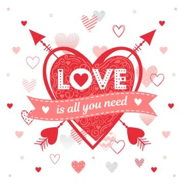 Love is all you need with different hearts and arrows.Romantic heart illustra Stock Illustration