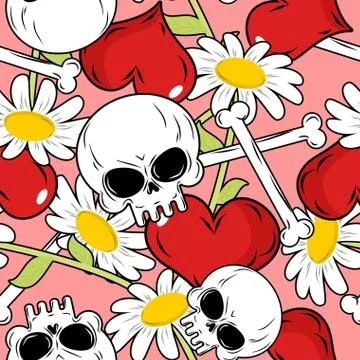Love and death seamless pattern. Red heart and skull and Chamomile. Backgroun Stock Illustration