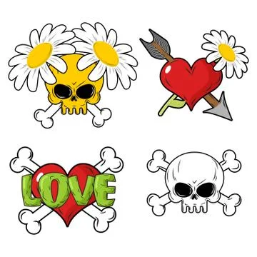 Love and death Set elements. Skull and red heart. Flower and arrow of Cupid.  Illustrazione stock