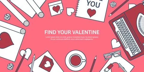 Love and heart. Lined vector illustration. Flat background with laptop. Hearts 스톡 일러스트