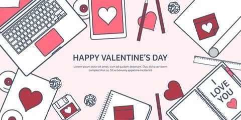 Love and heart. Lined vector illustration. Flat background with laptop. Hearts Stock Illustration