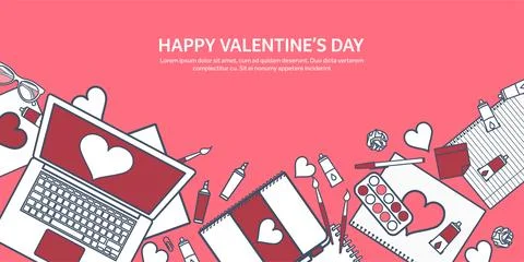 Love and heart. Lined vector illustration. Flat background with laptop. Hearts Stock Illustration