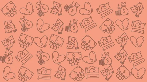 Love and Money Doodle Pattern on Peach Background Handdrawn Illustration Vídeo Stock 330874413