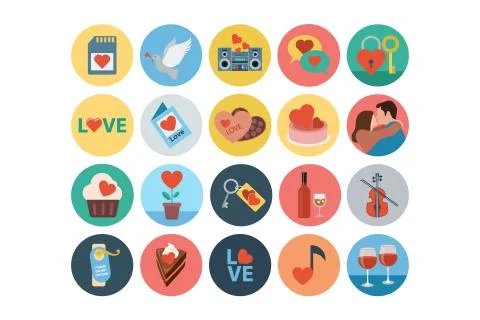Love and Romance Flat Vector Colored Icons Set Stock Illustration