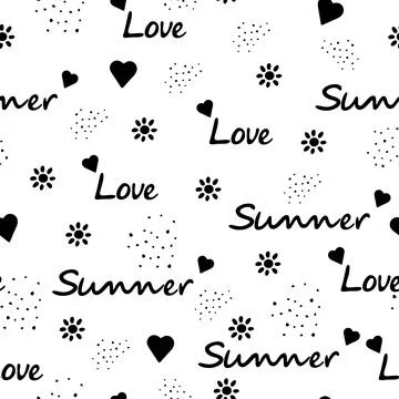 Love and summer seamless pattern. Heart, flowers and lettering. Illustrazione stock