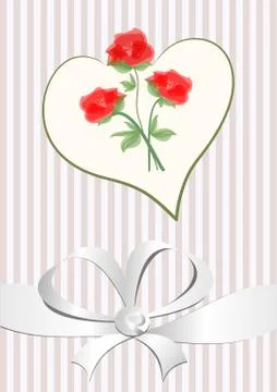 Love background with heart shape, red roses bouquet and white ribbon. Wedding Stock Illustration